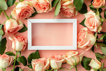 Top View Pink Roses and Frame Composition. Top view of pink roses and an empty frame, ideal for celebrations.