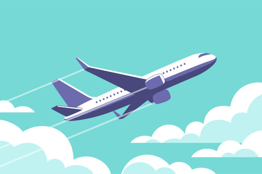 Airplane gaining altitude between clouds. Travel and vacation time. Vector illustration in a minimalistic style.
