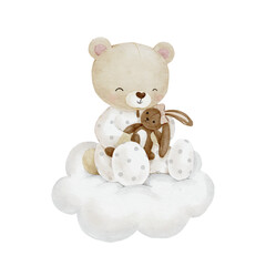 Cute Little Bear with Little Bunny Plushie Sitting on the Cloud 