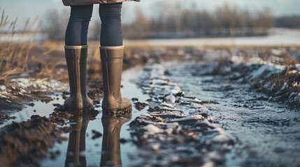 Woman in rubber boots on a melting snow. - obrazy, fototapety, plakaty