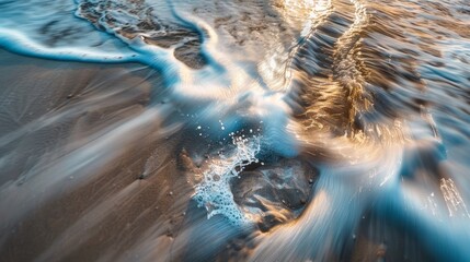 Abstract of motion blur: Wave washing over human footprint on beach - obrazy, fototapety, plakaty