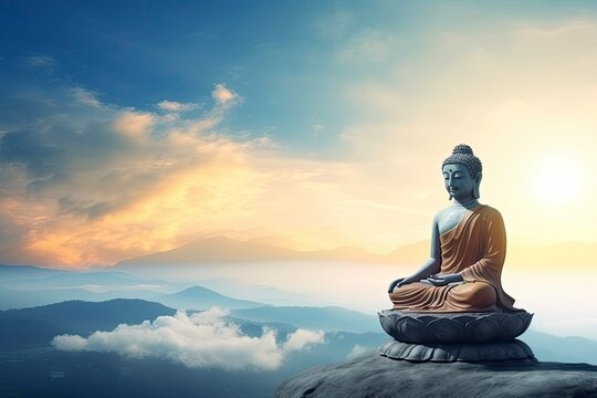 The Buddha meditated on the day the sky was bright and beautifully natural and copy space - generative ai