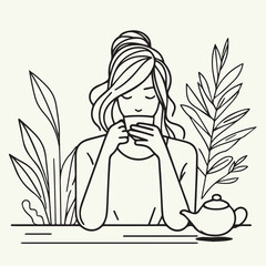 a girl drinking tea, minimal design, outline with solid fill color, background white vector illustration line art