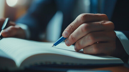 A suited arm writes in a notebook beside another individual taking notes.