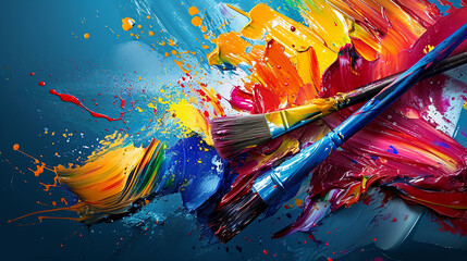 Vibrant Paintbrush Strokes, Splatters, and Palette: Representation of Creativity and Artistic Expression in a Painting Background