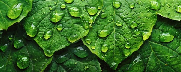 Fresh green leaves with water drops - obrazy, fototapety, plakaty