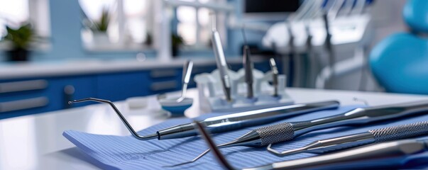 Fototapeta premium A modern dentist's office. Close-up of various dental instruments and devices, professional photography