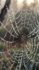 Dew drops on spider web in morning light