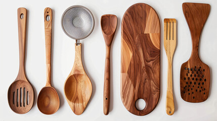 Wooden scoop spoon strainer spatula and cutting board