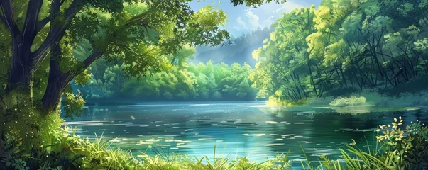 Deurstickers Enchanted forest lake with sunbeams filtering through trees © iVGraphic