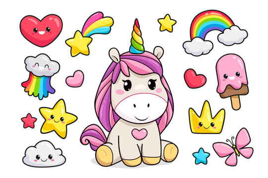 Adorable Kawaii collection of funny baby unicorn ice cream, rainbow, cute cloud, happy star, heart, cartoon crown emotions (Doodle vector pattern). Colorful kawaii elements for kids design 