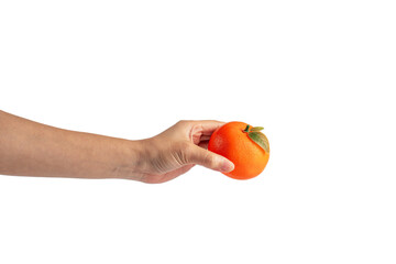 Orange fruit in hand isolated on transparent background.