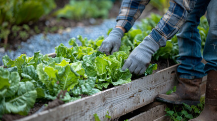 Hands tend to leafy lettuce in a raised garden bed.