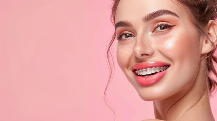 Fototapeta premium A woman with braces on her teeth undergoing orthodontic treatment, perfect teeth, lush woman lips, close up photo, professional photography