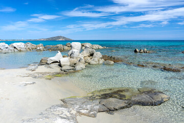 Clear water and rocks at Orri Beach. Orri bay, Tortoli, Sardinia, Italy