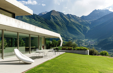 Beautiful modern house with glass walls overlooking the mountains of Switzerland