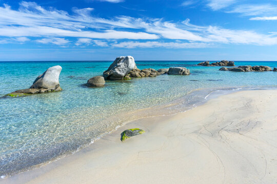 Clear water and rocks at Orri Beach. Orri bay, Tortoli, Sardinia, Italy