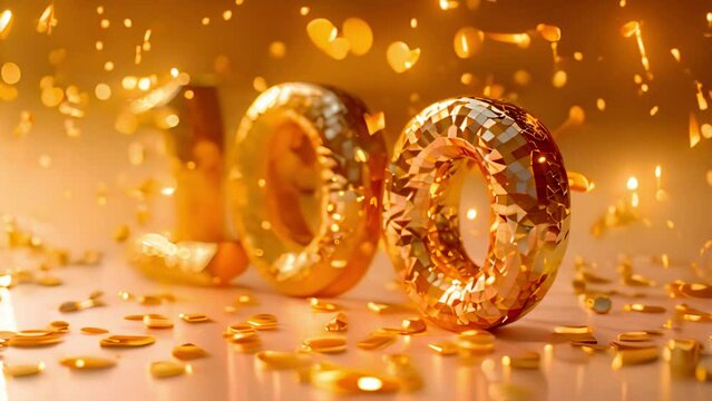 Gold shiny 100 anniversary,followers and likes, Elegant Greeting celebration one hundred years birthday. Anniversary number 100 foil gold balloon. Happy birthday, congratulations poster. Golden number