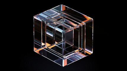 Transparent 3D Cube with Reflections and Refractions on a Black Background