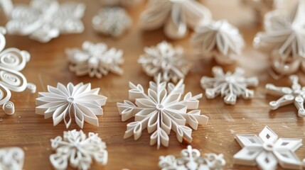 Obraz na płótnie Canvas Paper snowflakes made with quilling technique on a wooden surface