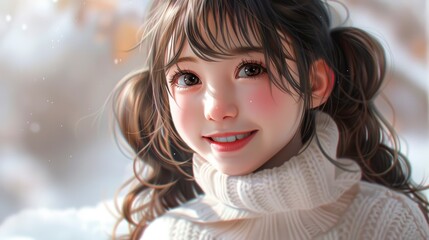 Beautiful smiling girl with long hair twintails blue eyes red sweater simple background