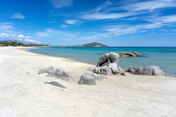 Clear water and rocks at Orri Beach. Orri bay, Tortoli, Sardinia, Italy
