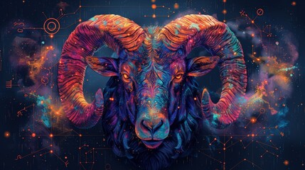 Digital artwork of a cosmic ram with zodiac symbols