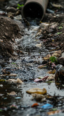 Fototapeta premium Sewage pipe discharging waste into water, environmental pollution and negligence concept