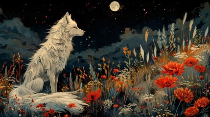 Illustration of a white wolf in a floral meadow at night - obrazy, fototapety, plakaty