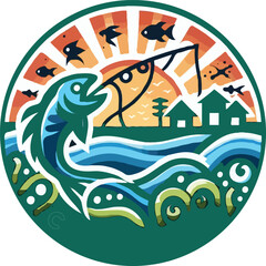 colorful fishing community creative vector logo
