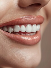 Fototapeta premium Dental care concept, hollywood smile, perfect teeth, lush woman lips, close up photo, professional photography