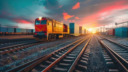 Fototapeta premium Freight locomotive, railroad, business logistics concept, containers, photo for advertising, free background for text