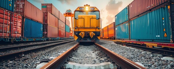 Freight locomotive, railroad, business logistics concept, containers, beautiful background, photo for advertising, free space for text - obrazy, fototapety, plakaty