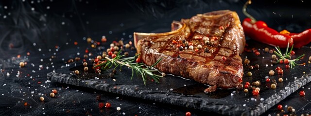 Grilled T-bone steak on stone table. juicy steak rare beef with spices on a black table, banner, menu, recipe, place for text - obrazy, fototapety, plakaty
