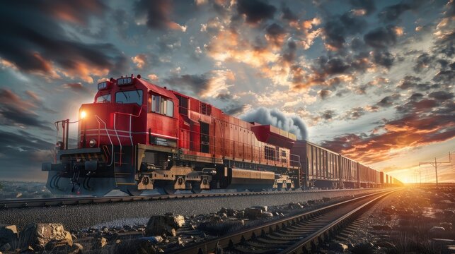 Freight locomotive, railroad, business logistics concept, containers, photo for advertising, free background for text