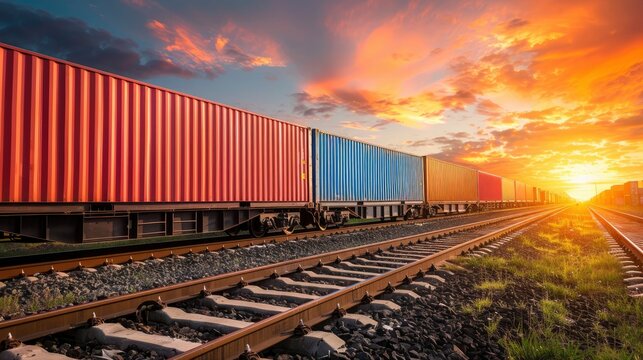 Freight train, railroad, business logistics concept, containers, beautiful background, photo for advertising, free space for text, professional photo