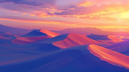 Sunset over sand dunes in desert landscape