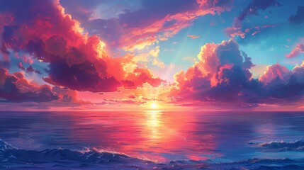 Dramatic sunset over the ocean with colorful clouds - obrazy, fototapety, plakaty