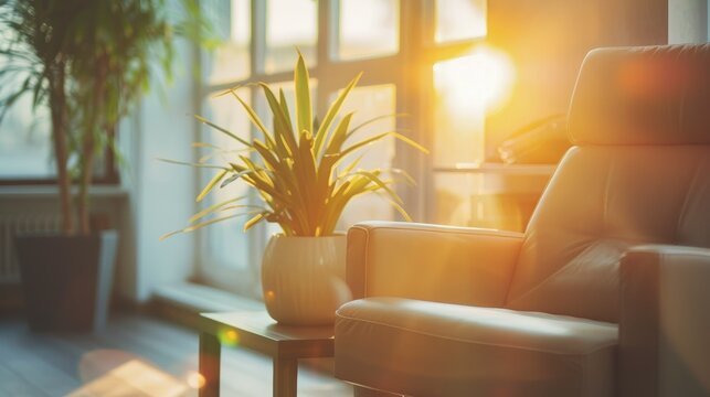 Relaxing atmosphere in psychotherapy room, modern office, nice interior, pastel calm colors, professional photo
