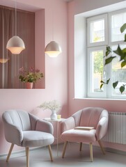 Relaxing atmosphere in psychotherapy room, modern office, nice interior, pastel calm colors, professional photo