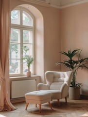 Relaxing atmosphere in psychotherapy room, modern office, nice interior, pastel calm colors, professional photo