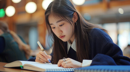 Fototapeta premium student is writing an exam in a classroom setting.