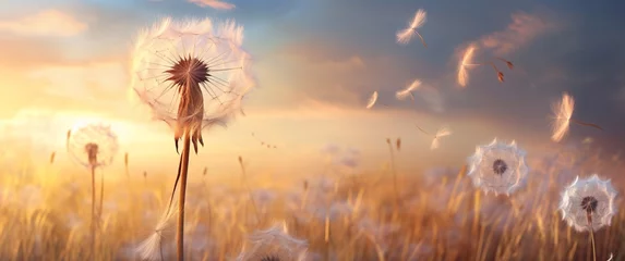  a dandelion with seeds flying in the air © Marin