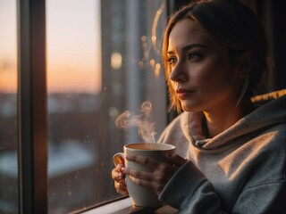 a woman in grey hoodie holding a cup of warmth tea looking out the window at dusk