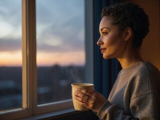a short hair woman in grey sweatshirt holding a cup of warmth tea looking out the window at dusk