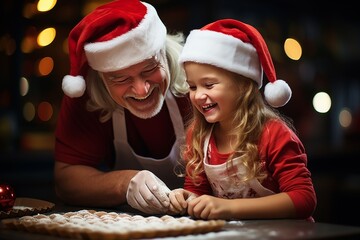 Joyful grandfather and granddaughter baking ginger cookies in christmas-themed kitchen