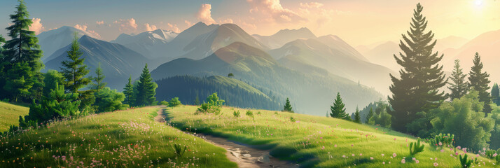 A scenic mountain landscape with a winding road, lush green meadows, forests, and a vast sky filled...