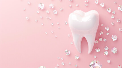 Model of a white human tooth, molar and jewelry made of small sparkling stones, diamond rhinestones pink background. The concept of dental care and health, dental decoration  - obrazy, fototapety, plakaty