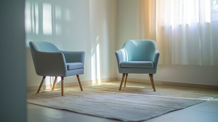 Two chairs in psychotherapy room, modern office, nice interior, professional photo, interior photo, sharp focus, blank space for text