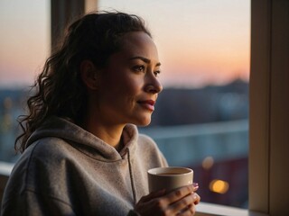 a woman in grey hoodie holding a cup of warmth tea looking out the window at dusk